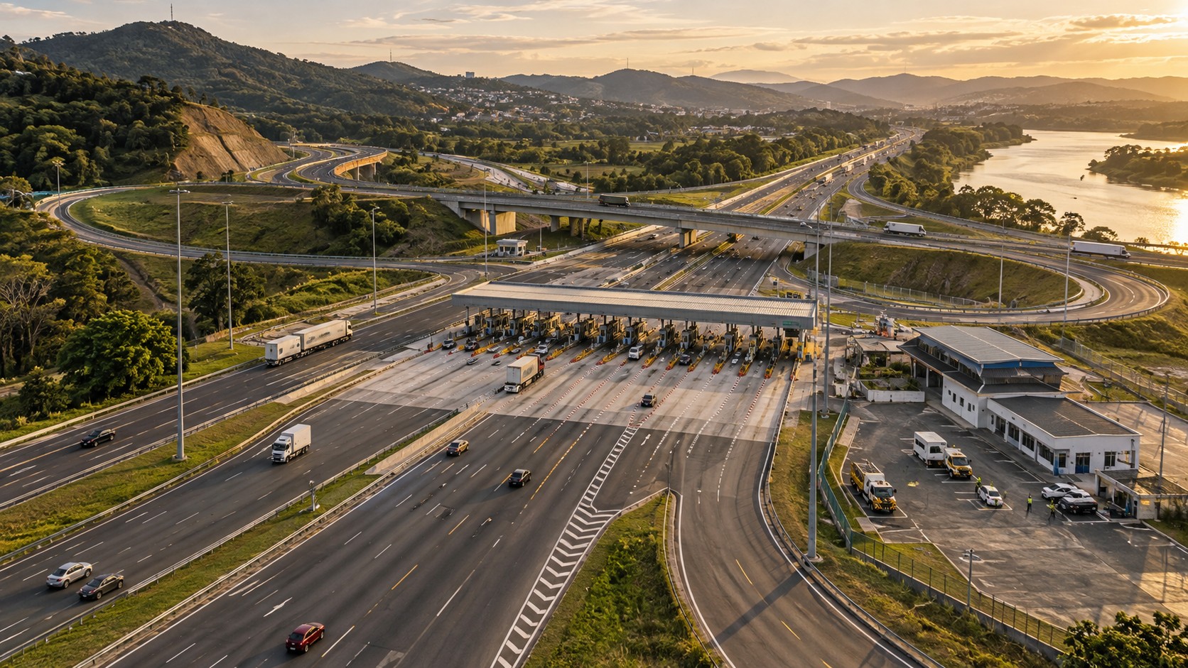 Rodovia concedida com praça de pedágio e infraestrutura operacional