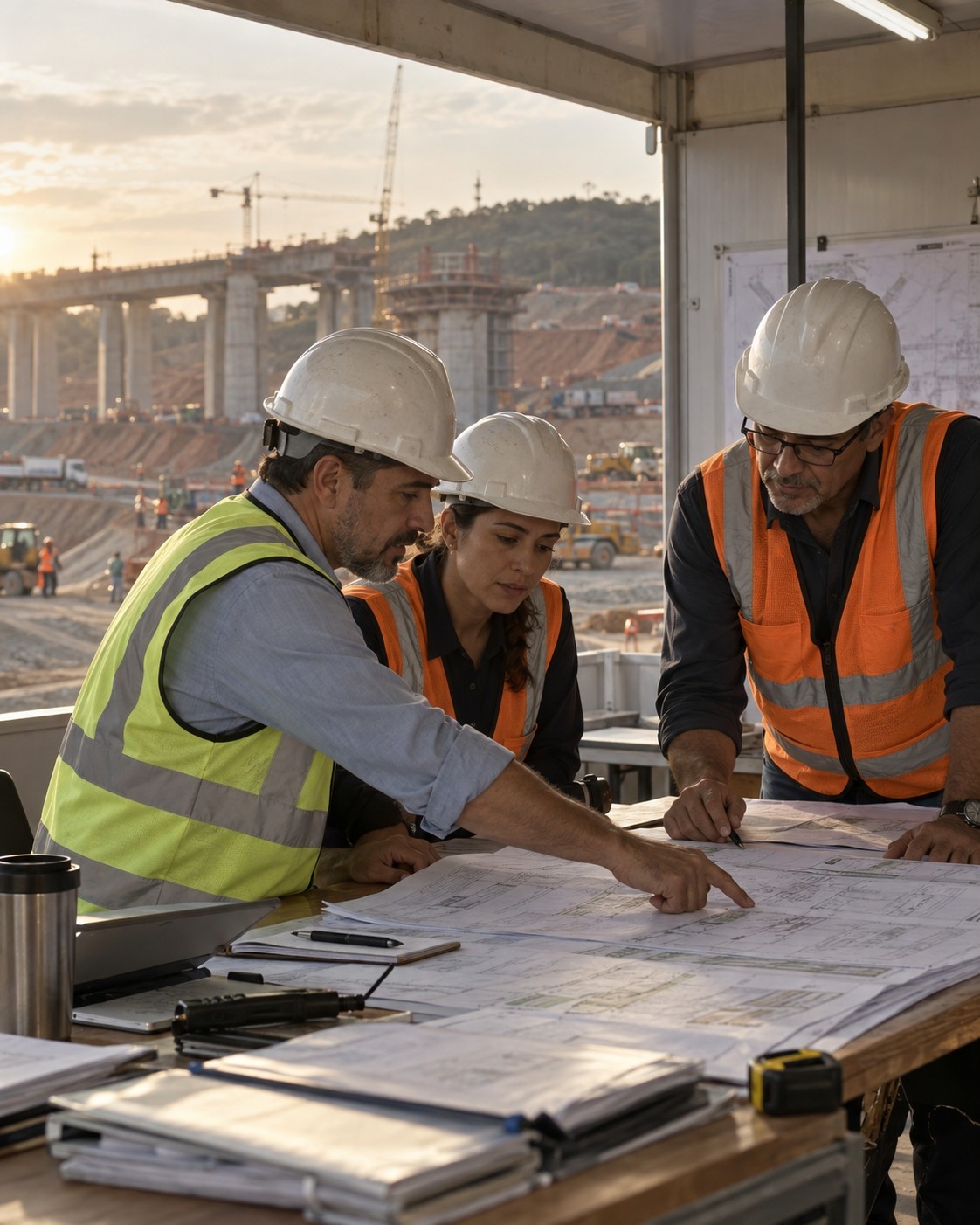 Profissionais de engenharia analisam projeto em canteiro de infraestrutura