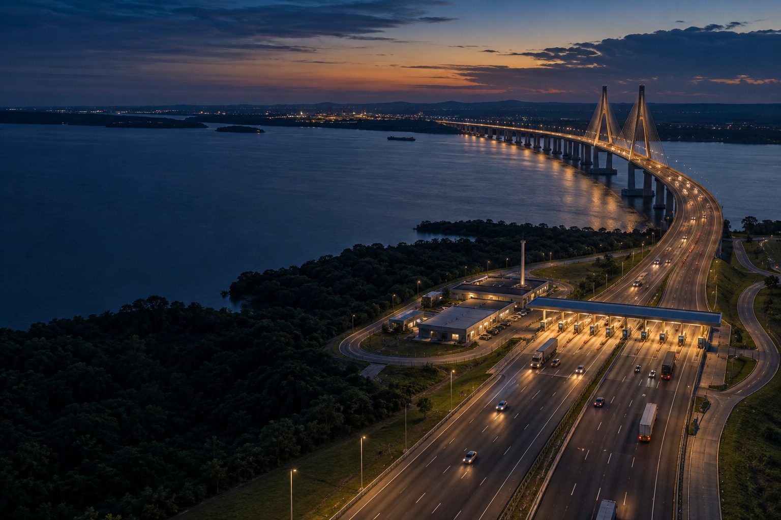 Ponte e rodovia concedidas em operação ao entardecer, com praça de pedágio em primeiro plano