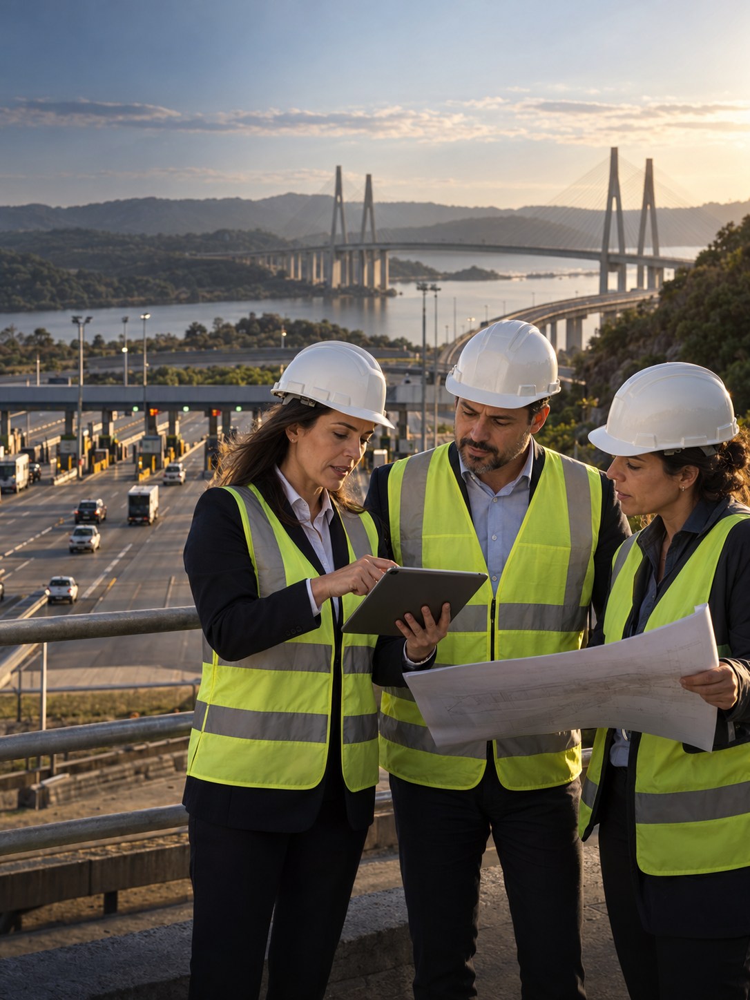 Lideranças de operação, engenharia e investimento avaliando uma rodovia, uma ponte e uma praça de pedágio