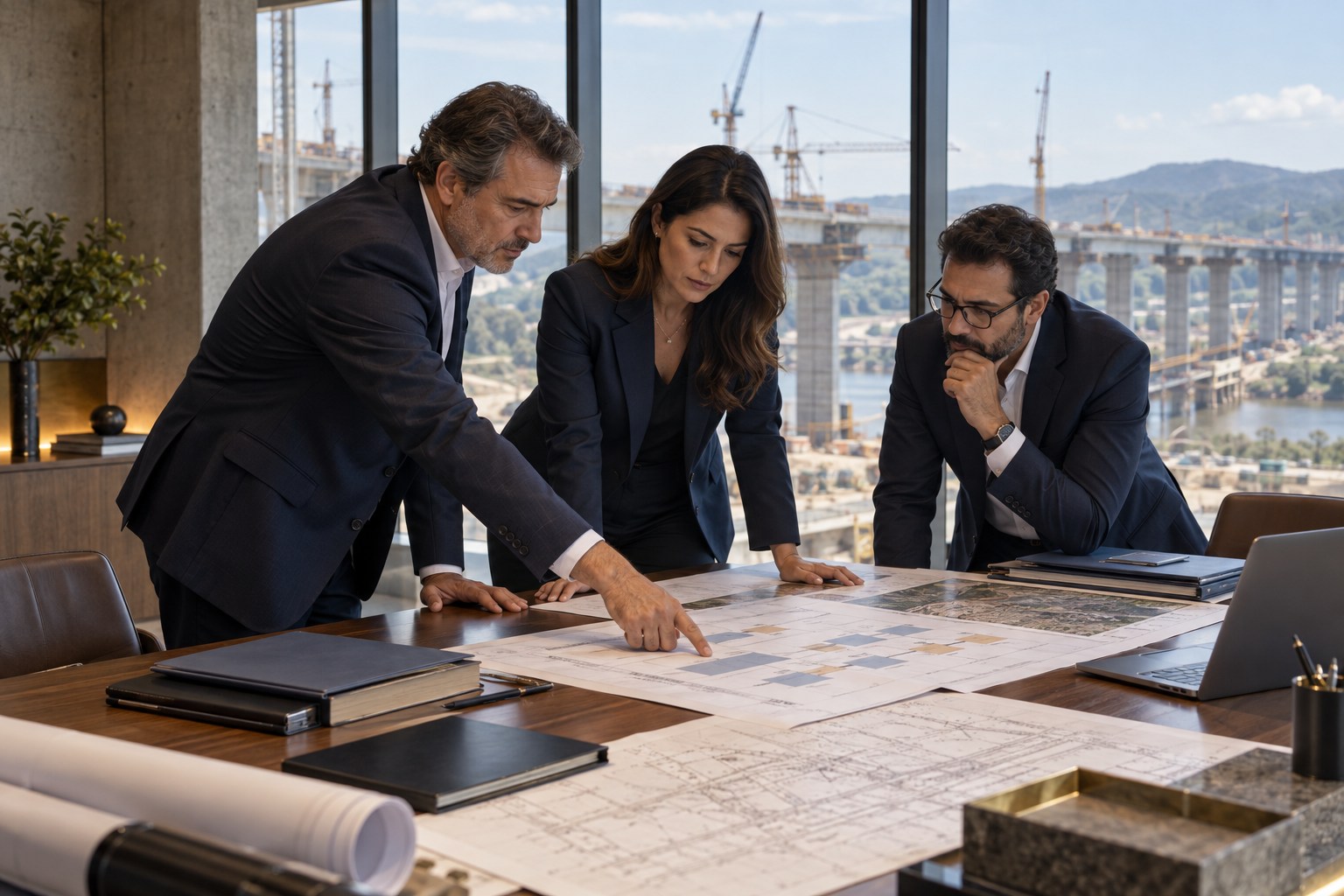 Lideranças analisando riscos e decisões de governança de um projeto de infraestrutura