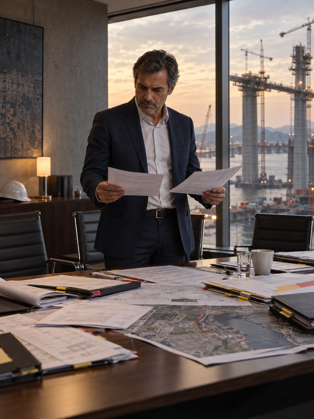 Executivo de infraestrutura avaliando documentos divergentes enquanto uma grande obra avança ao fundo