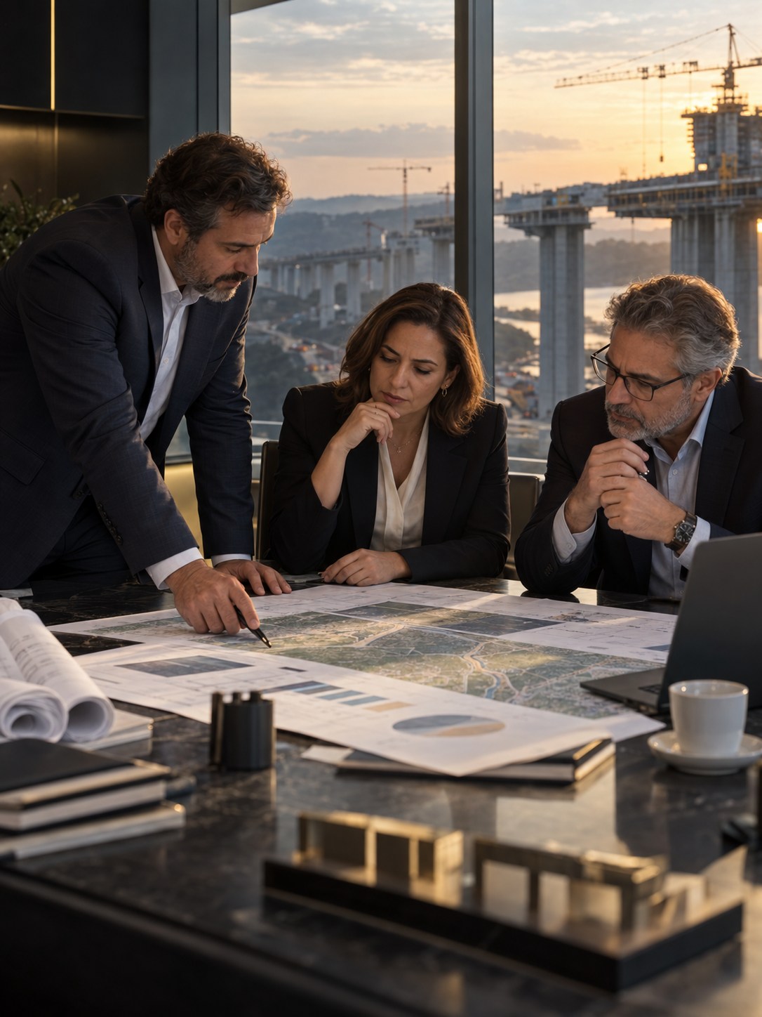 Lideranças de uma empresa de infraestrutura analisando riscos e decisões diante de uma grande obra em execução