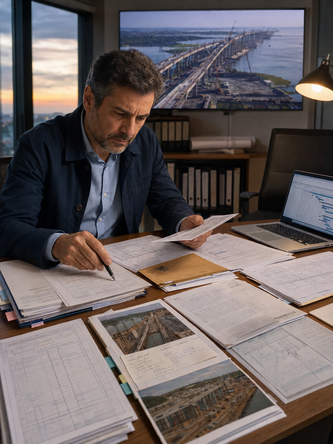 Executivo reconstruindo evidências e documentos para um pleito contratual de infraestrutura