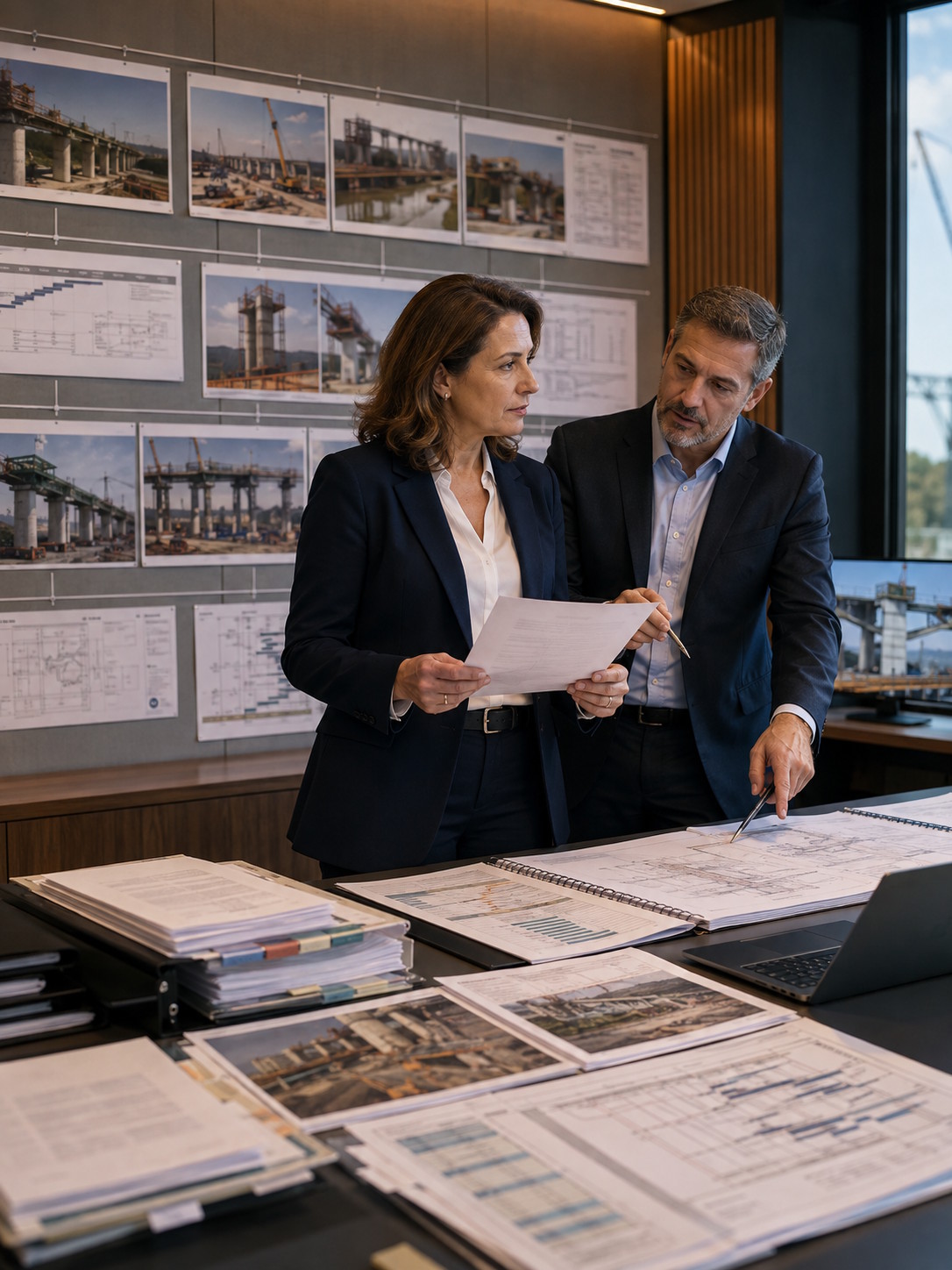 Executivos analisando estrategicamente uma disputa contratual de infraestrutura