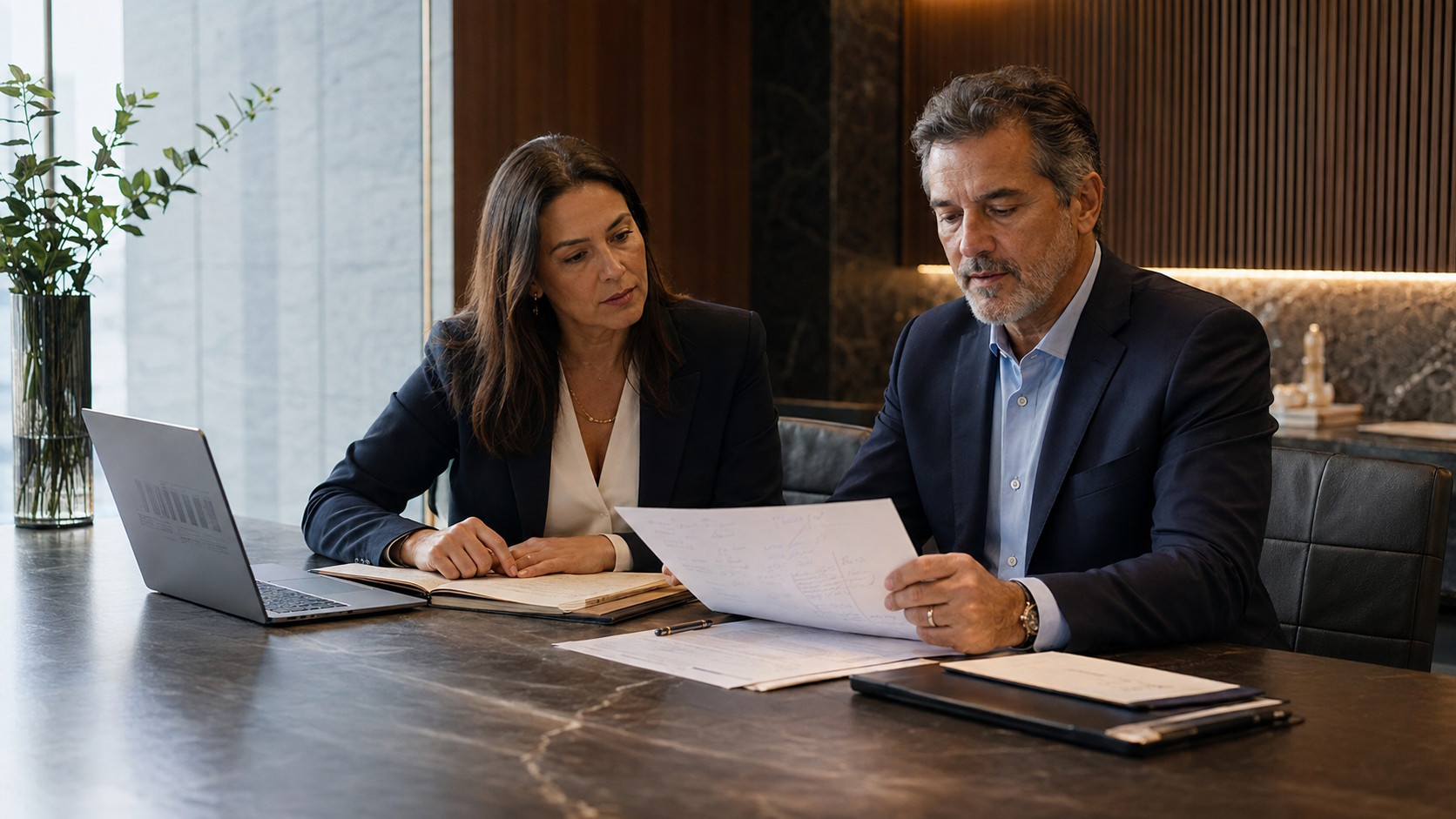 Executivos analisando uma decisão empresarial com apoio jurídico e governança