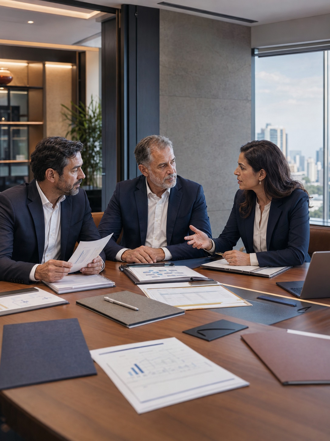 Liderança empresarial reunida com assessoria jurídica recorrente para decisões de governança