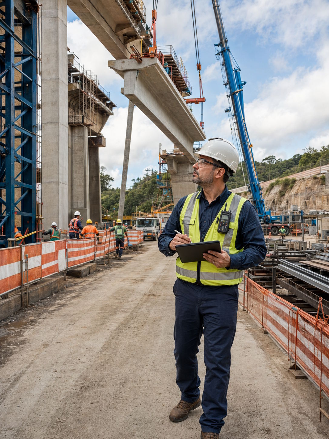 Profissional técnico acompanhando presencialmente uma grande obra de infraestrutura