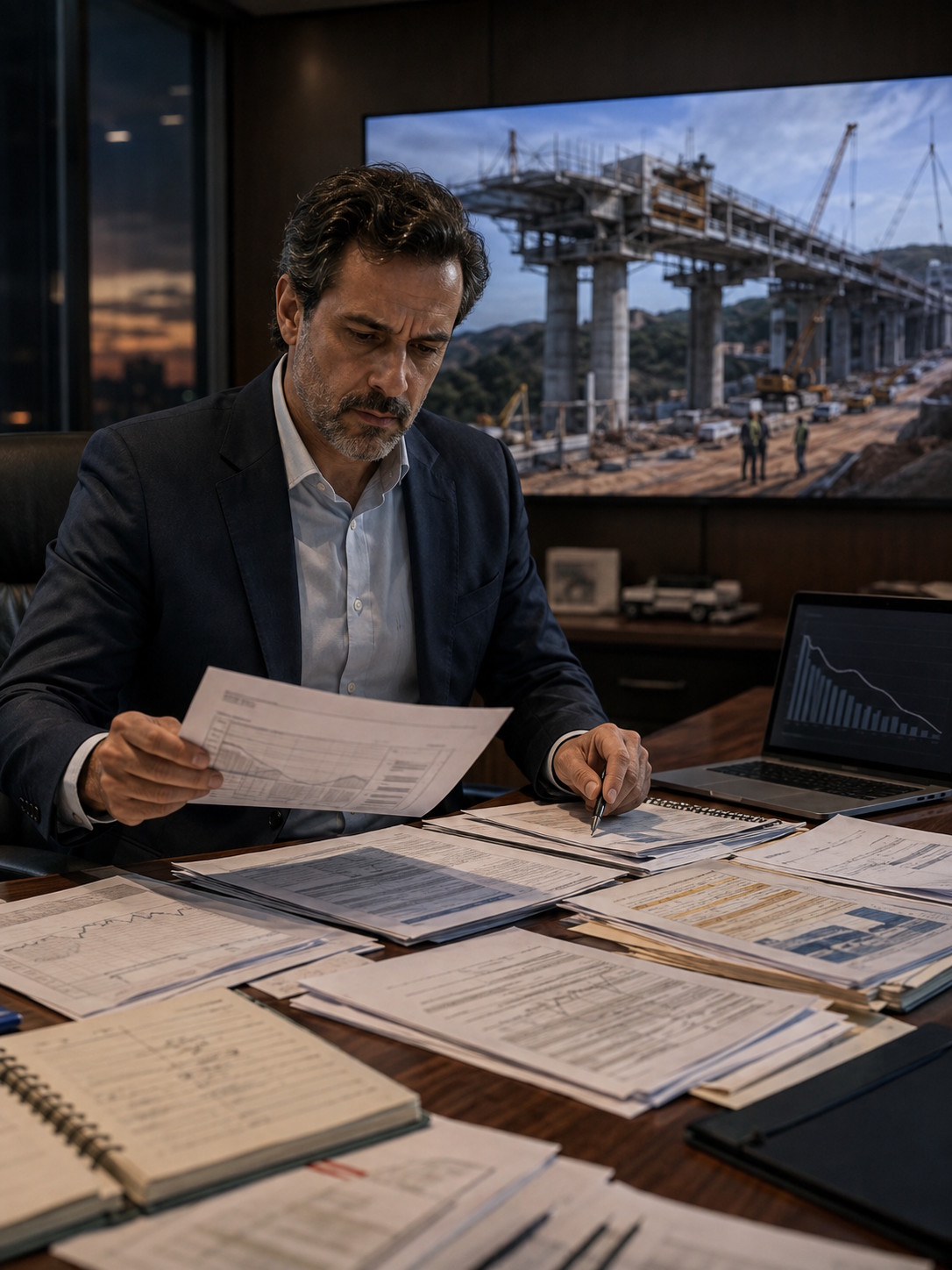 Executivo analisando tardiamente documentos e desvios de um contrato de infraestrutura