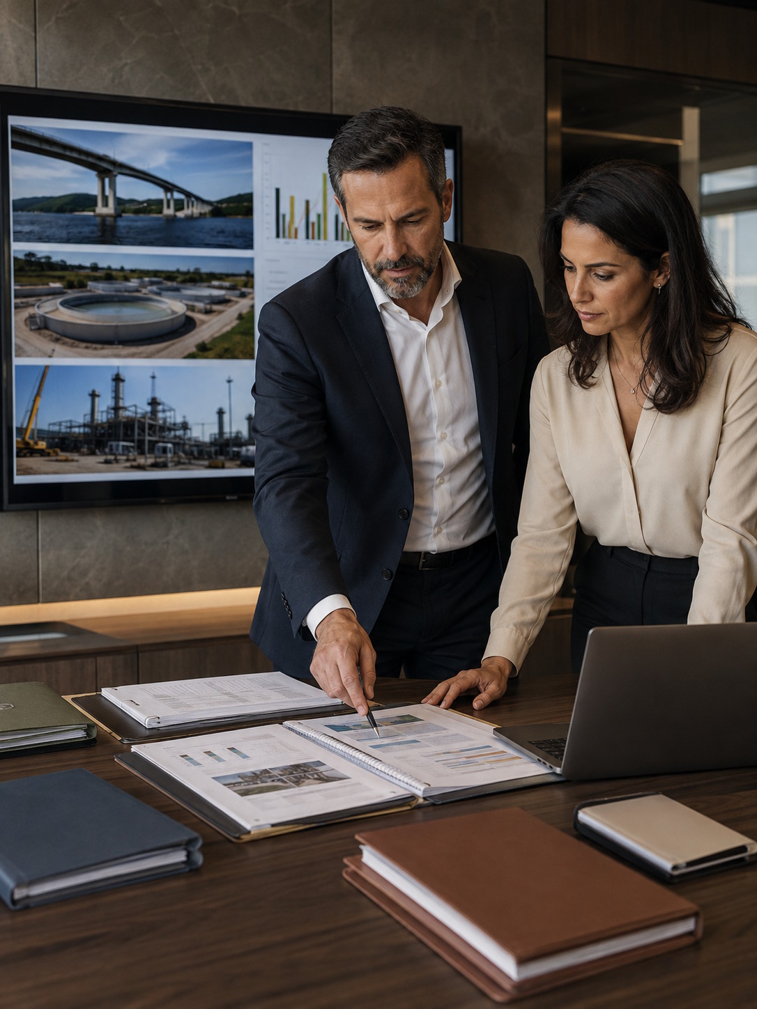Executivos analisando o desempenho de uma carteira de contratos de infraestrutura