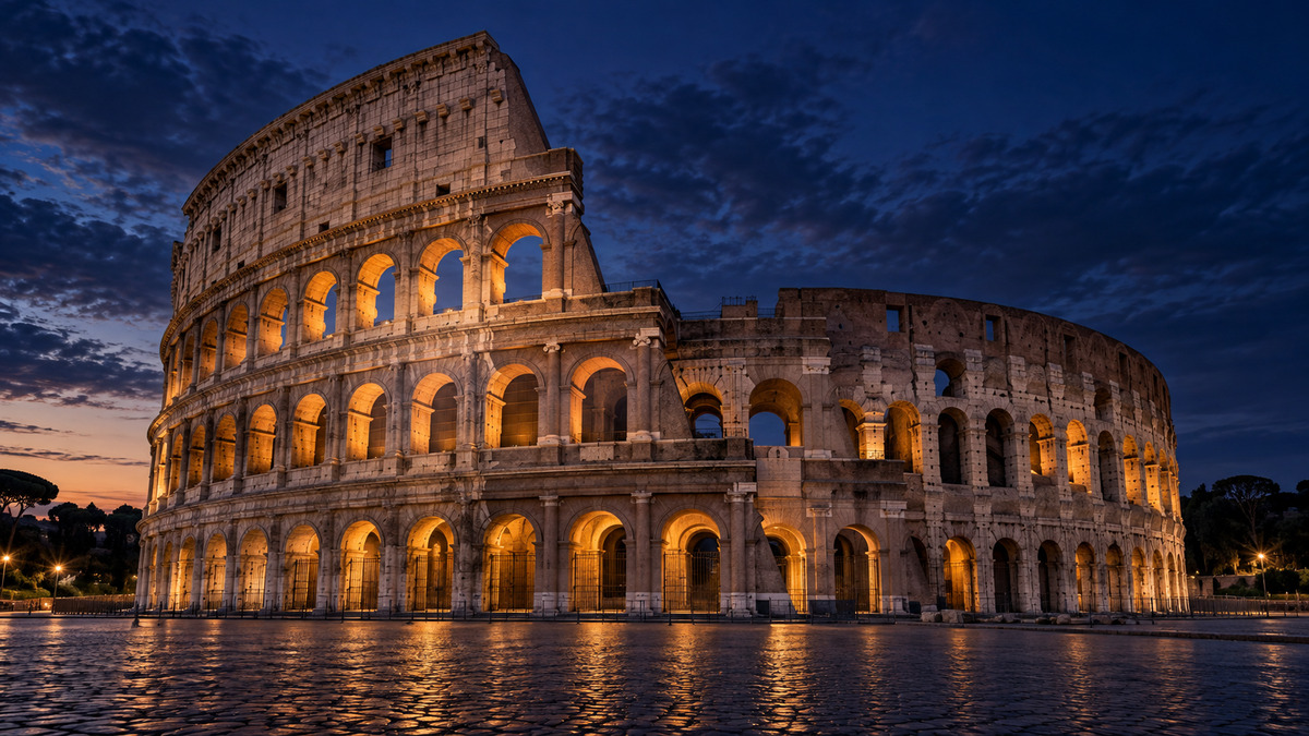 Coliseu iluminado ao anoitecer, símbolo da arena de disputas.