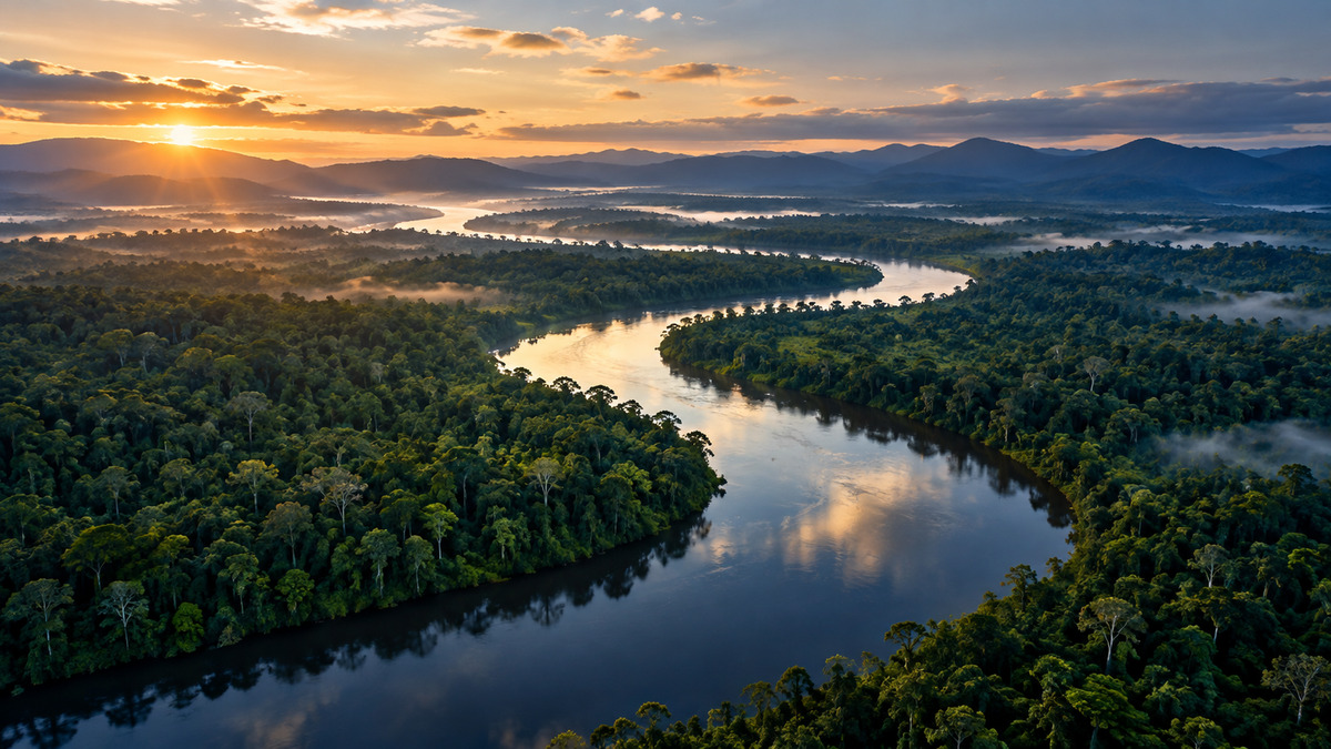 Rio sinuoso integrado a uma floresta tropical.