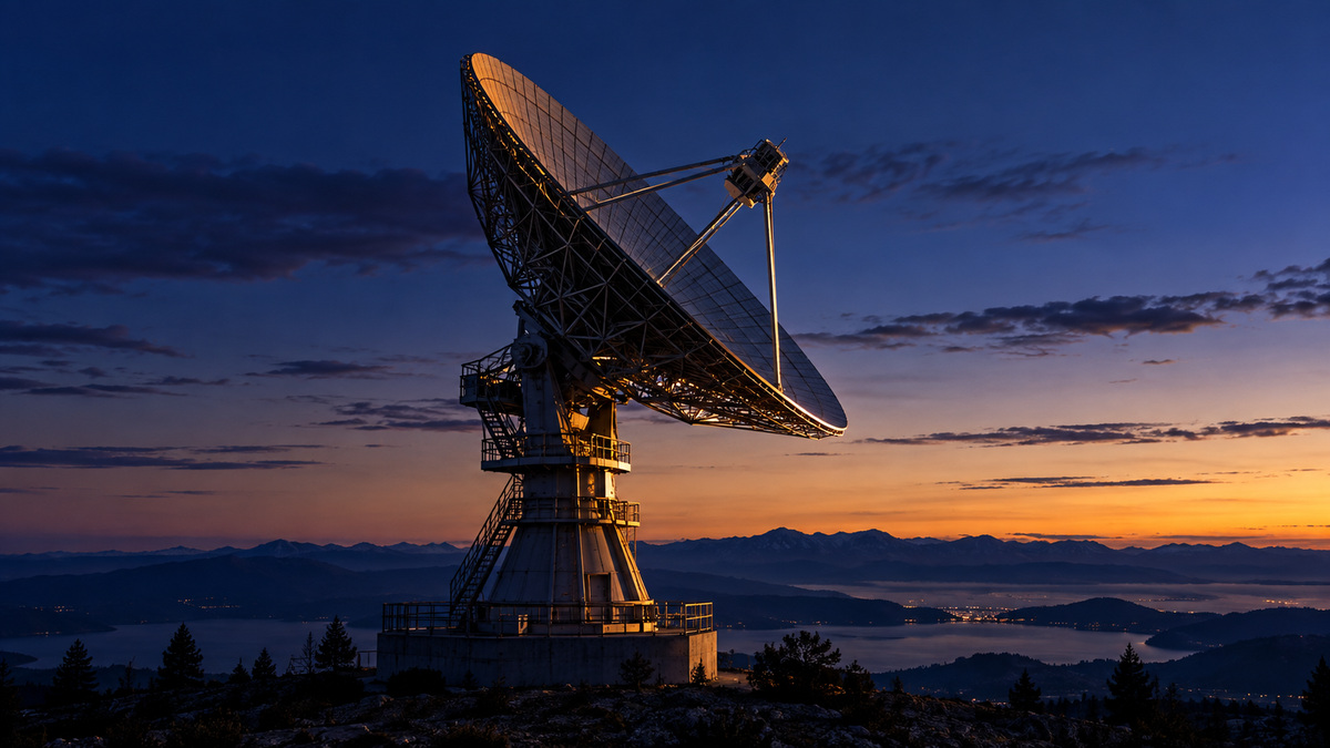 Antena de radar voltada para o horizonte ao anoitecer.