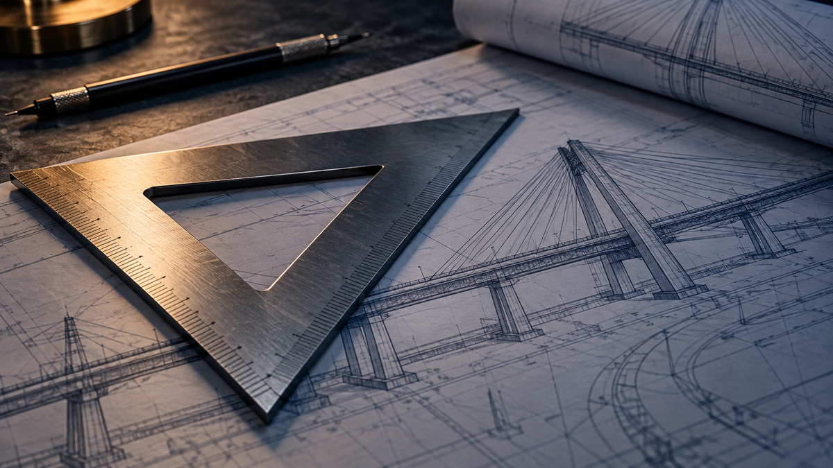 Esquadro sobre um projeto de engenharia de infraestrutura.
